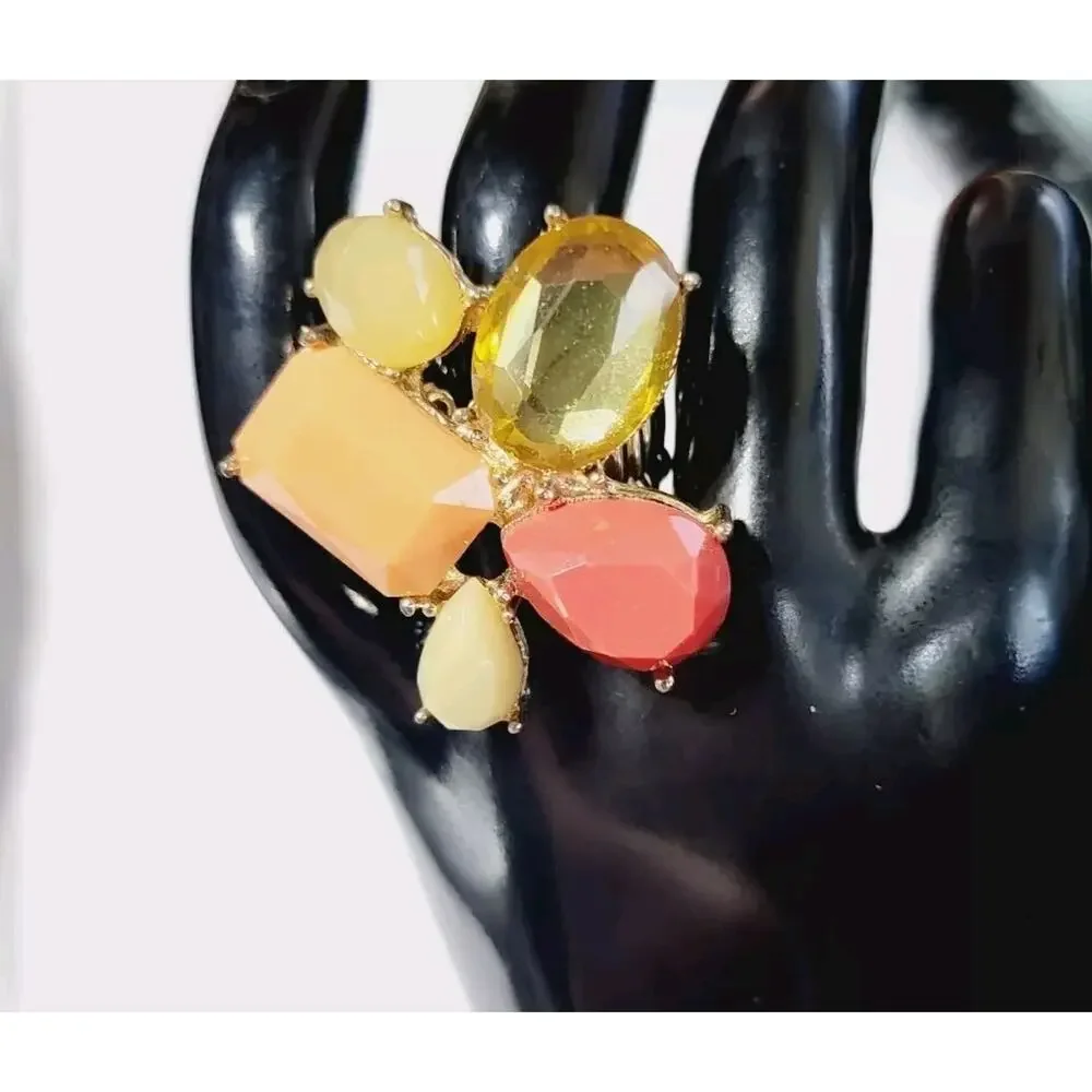 Colorful Lucite Sretch Ring Fashion‎ Orange, Red, Yellow, Gold-tone r-12